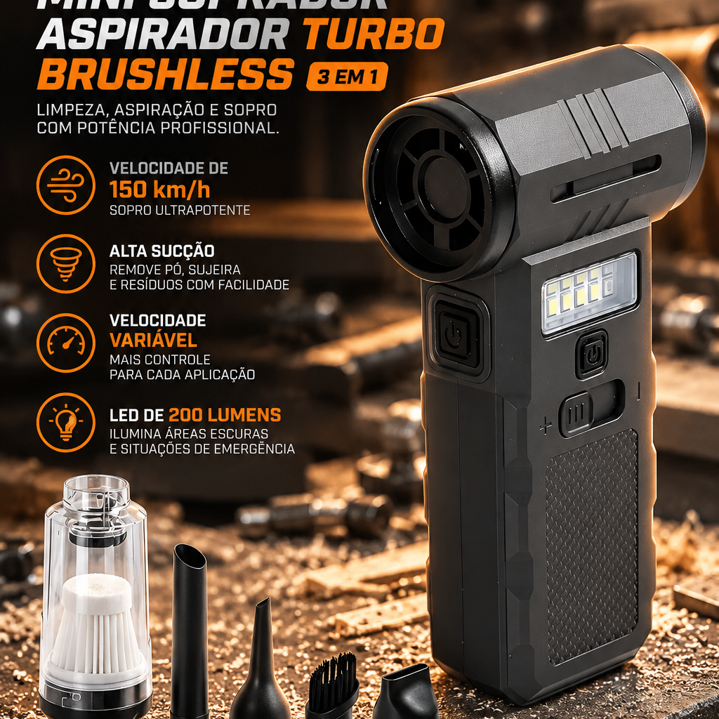Mini Soprador e Aspirador Turbo ChRomA 3 em 1 Brushless 200W