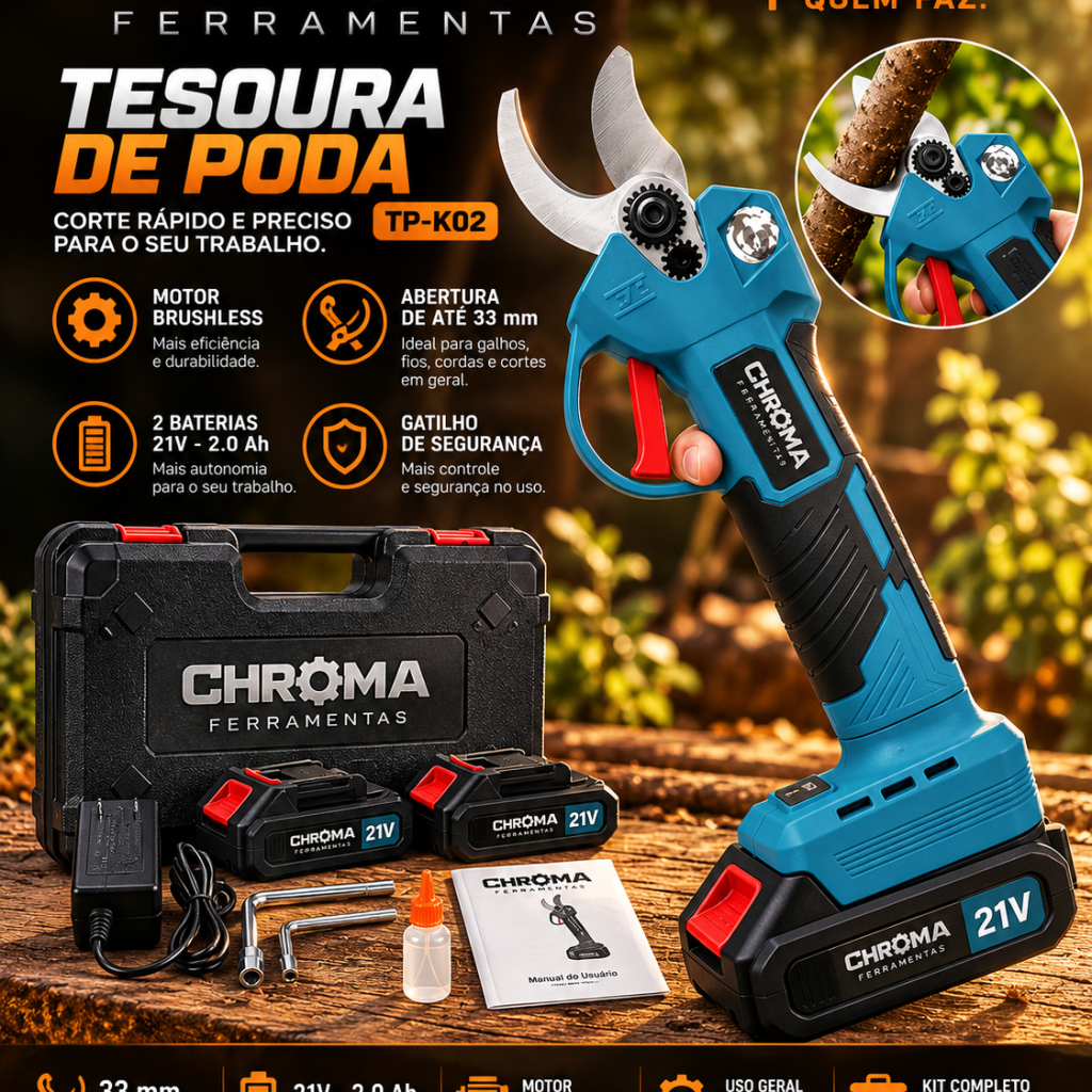 Tesoura de Poda Elétrica ChRomA Brushless 21V 33mm com 2 Baterias e Maleta