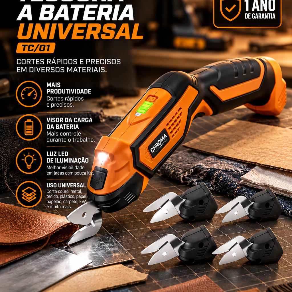 Tesoura Elétrica Universal ChRomA Recarregável para Couro, Tecido e Metal + 4 Lâminas