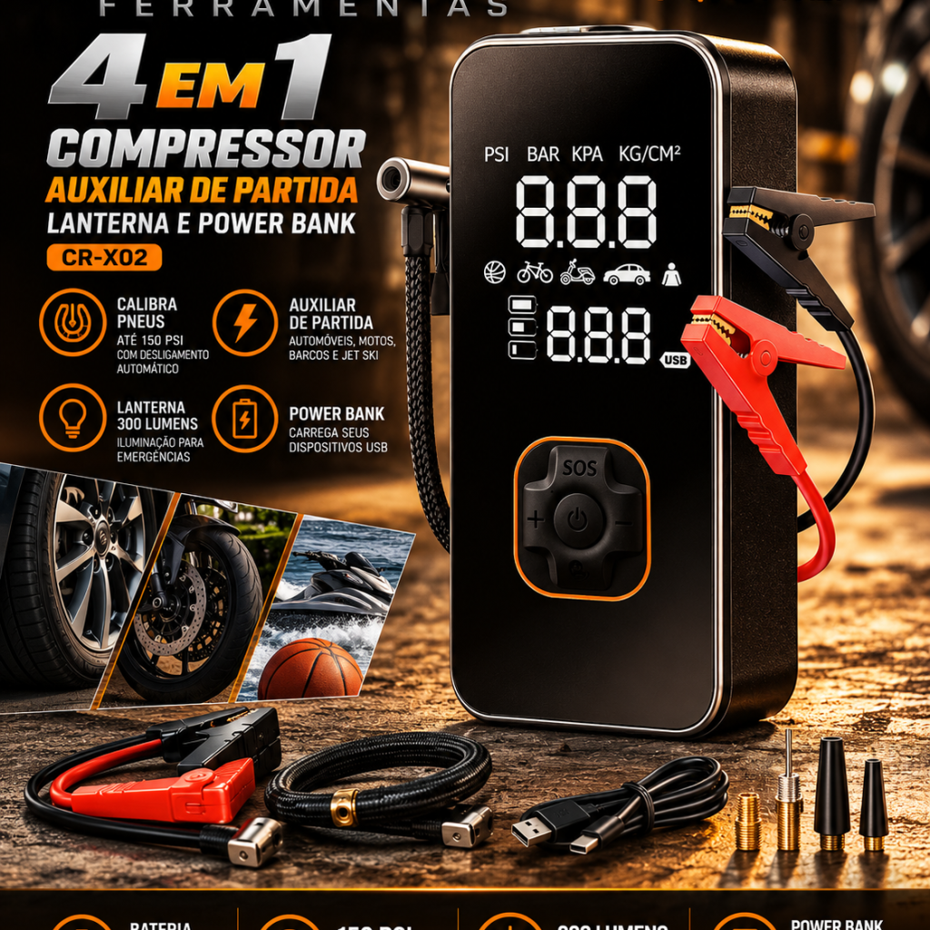 Compressor de Ar Portátil ChRomA 4 em 1 com Auxiliar de Partida 150 PSI e Power Bank